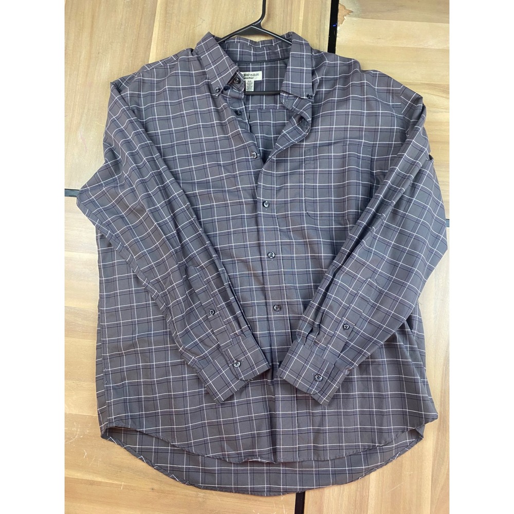 St. Johns Bay Mens XL Iron Free Plaid Button Down Shirt‎ Grey Purple Long Sleeve